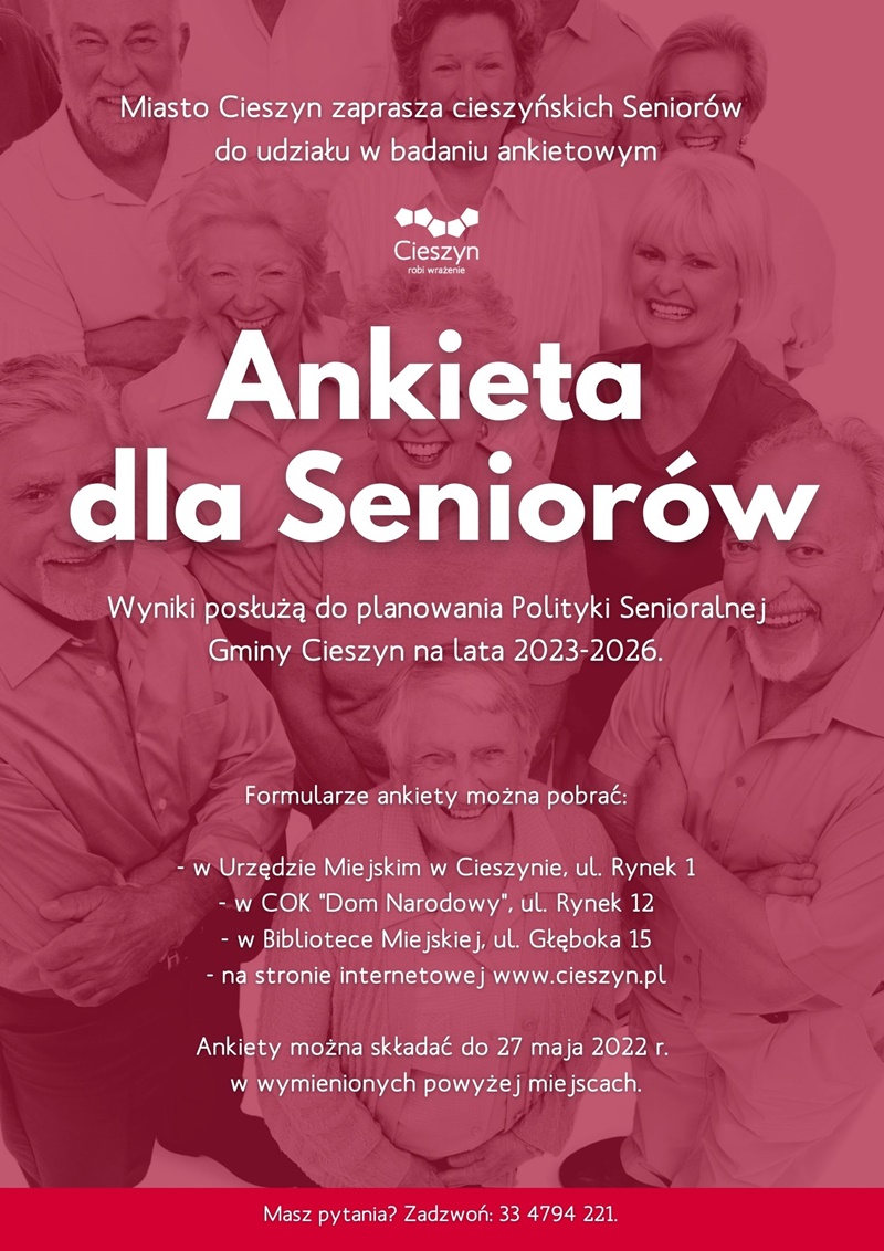 Plakat w kolorze czerwony z informacją o ankiecie dla seniora